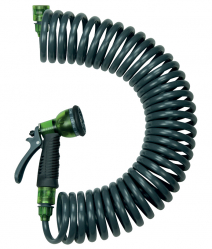 Coiled garden hose with attachments